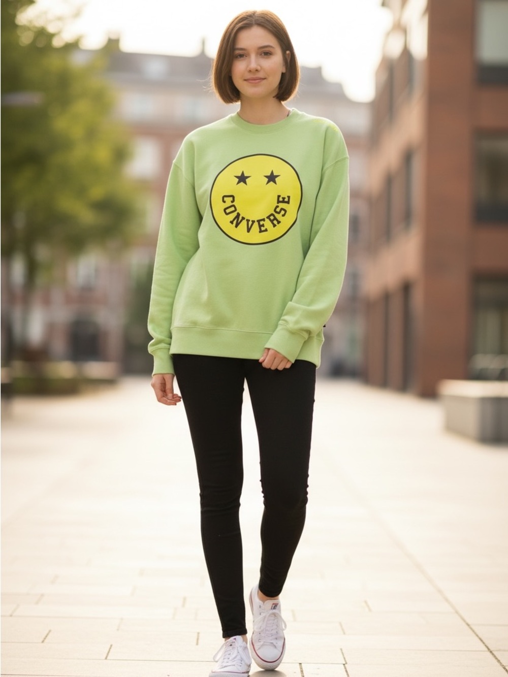 Converse Lime Green Smiley Face Crew Neck Sweatshirt Large Side Zip Pocket